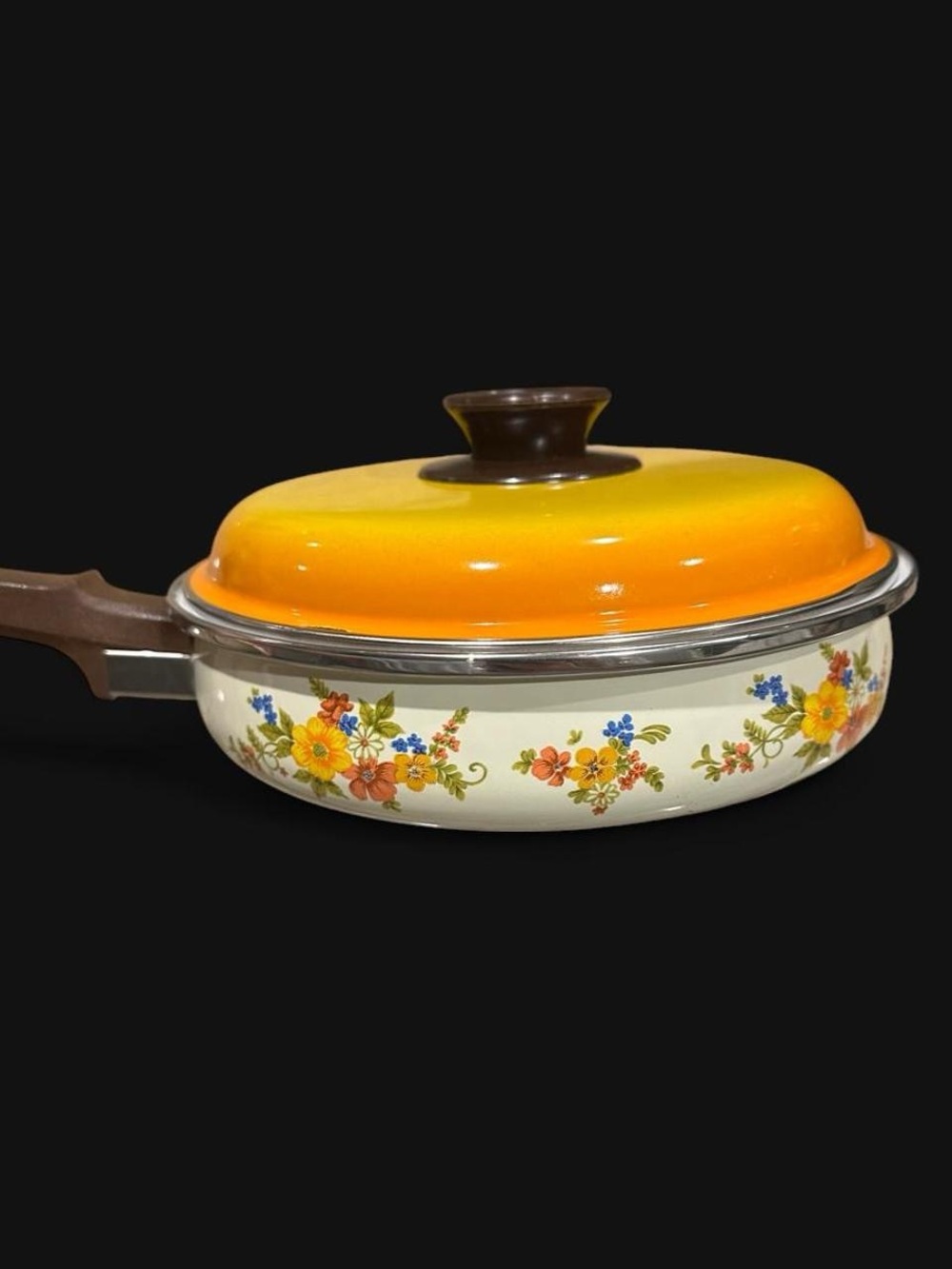 Floral Enamel Skillet with Orange Gradient Lid - Unbranded